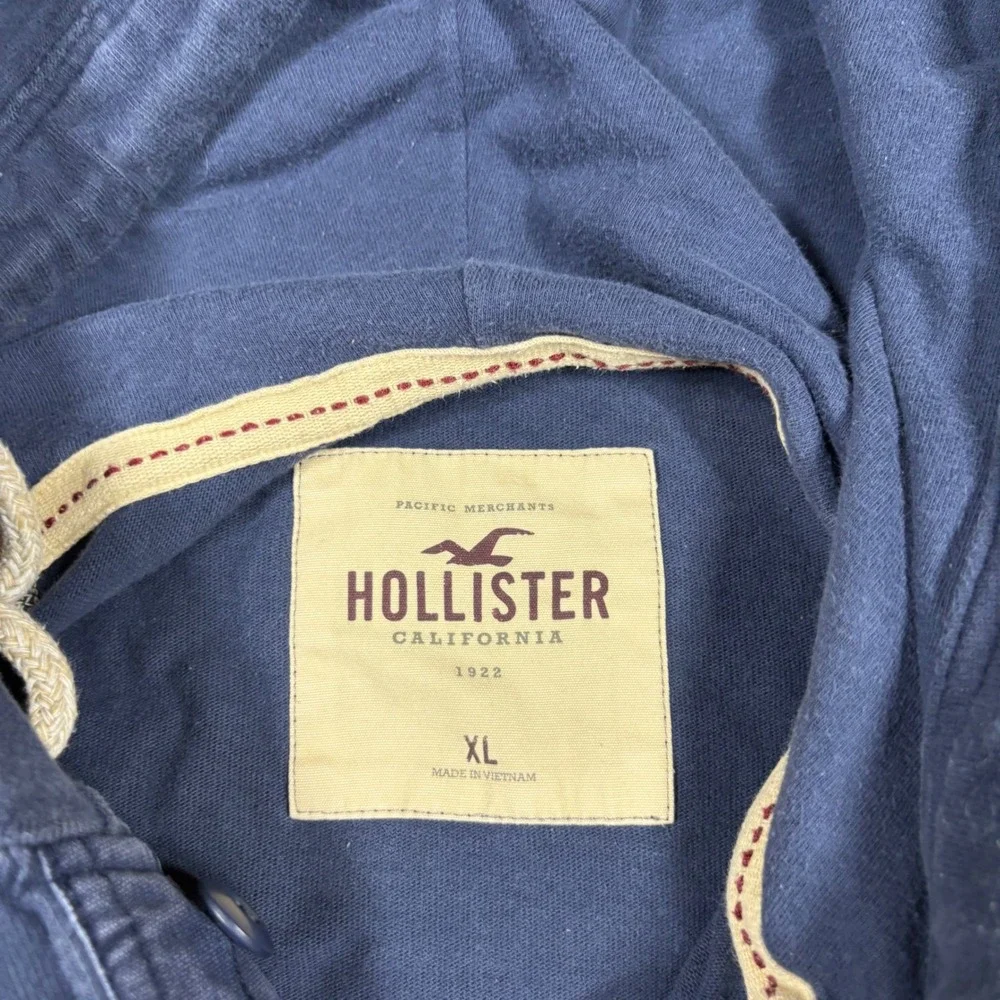 Hollister Mens XL Navy Blue Henley Hoodie San Diego Surf Camp Seagull Logo